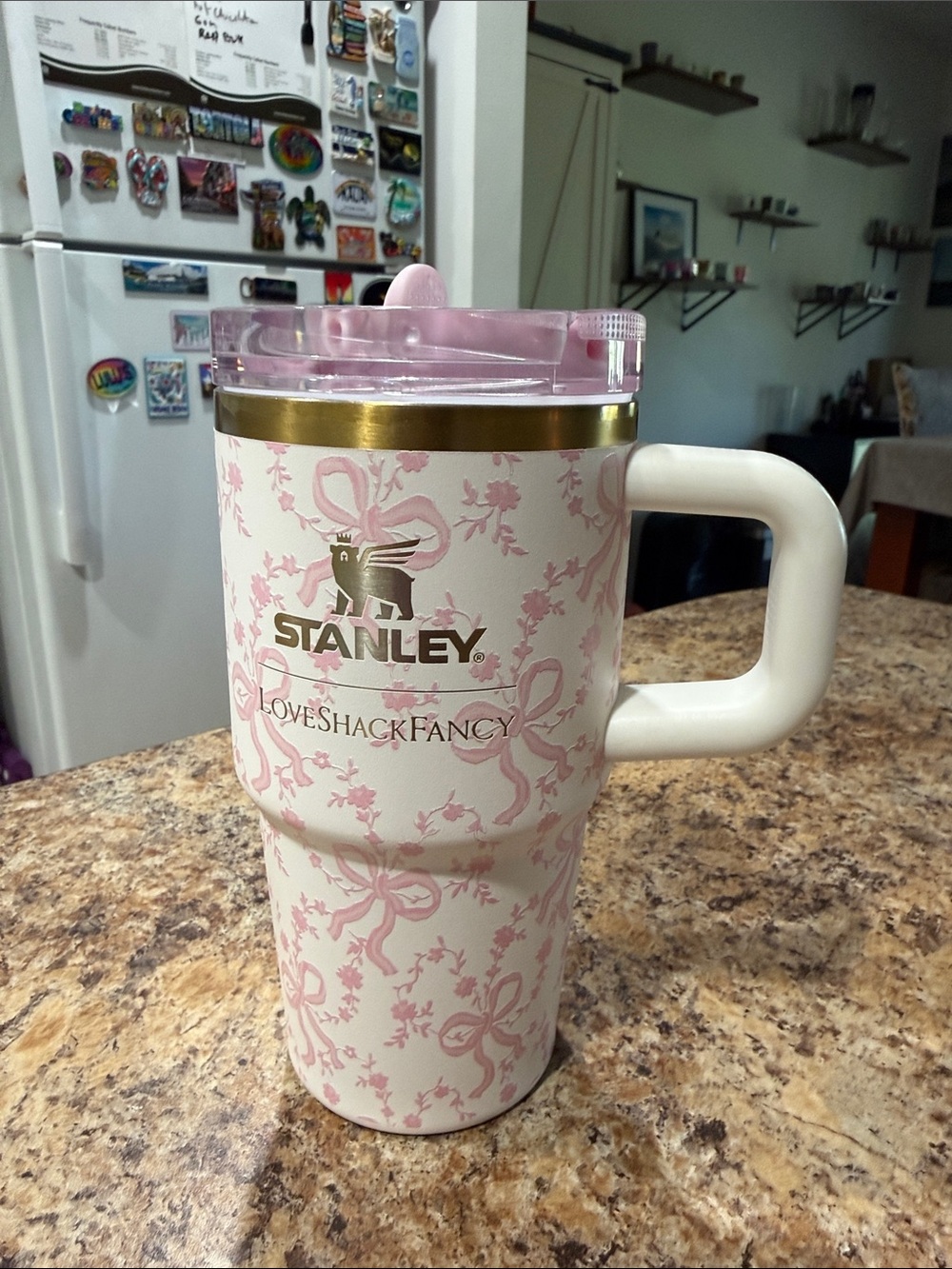 Stanley Cream and Pink Floral Insulated Travel Mug with Handle